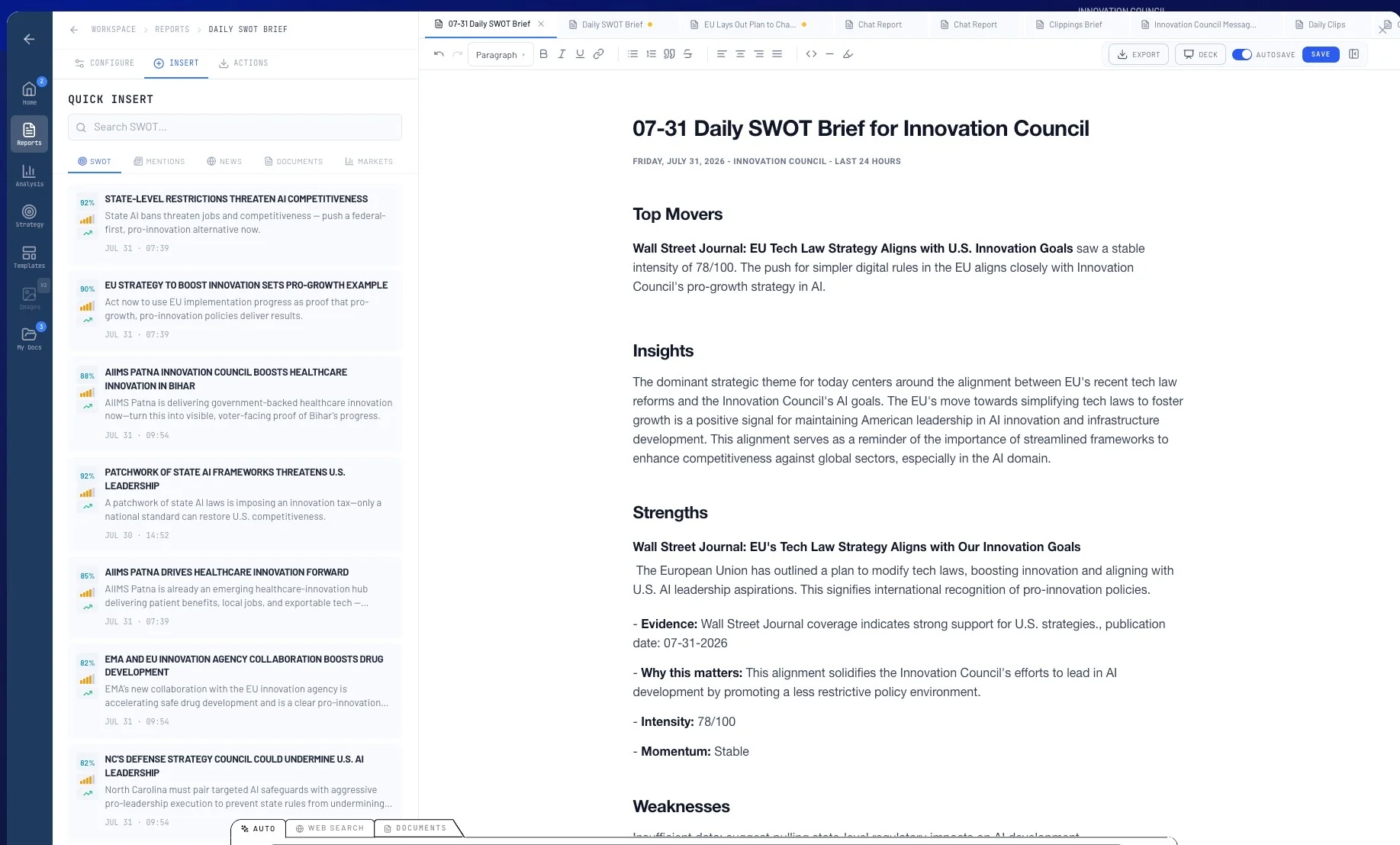 War Room, a daily SWOT brief
